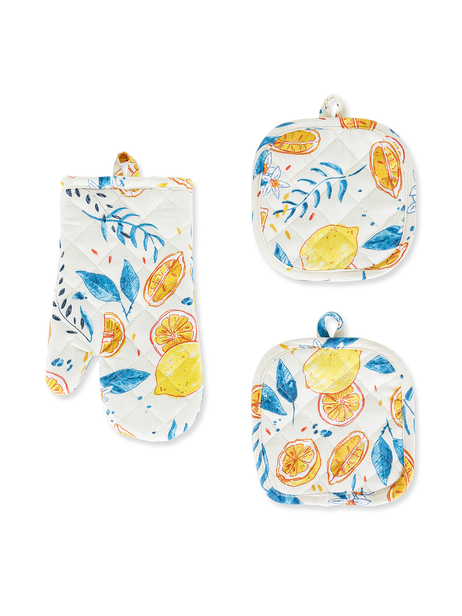Set of 2 pot holders and kitchen mitt in lemon patterned cotton, Yellow, large image number 0