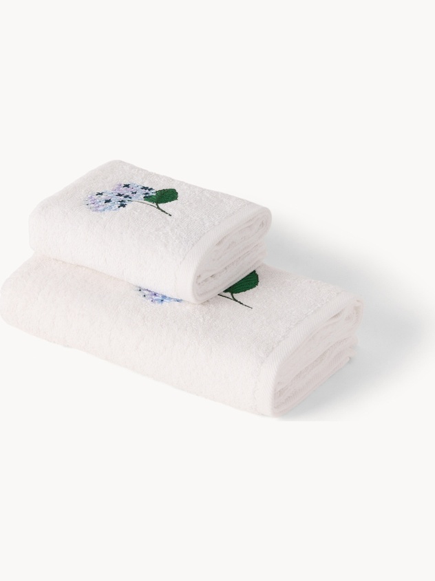Cotton terry towel with hydrangea embroidery