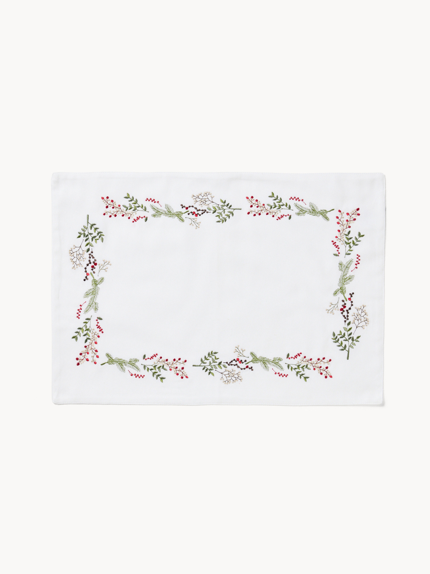 Pure cotton twill placemat with holly embroidery, White, large image number 0
