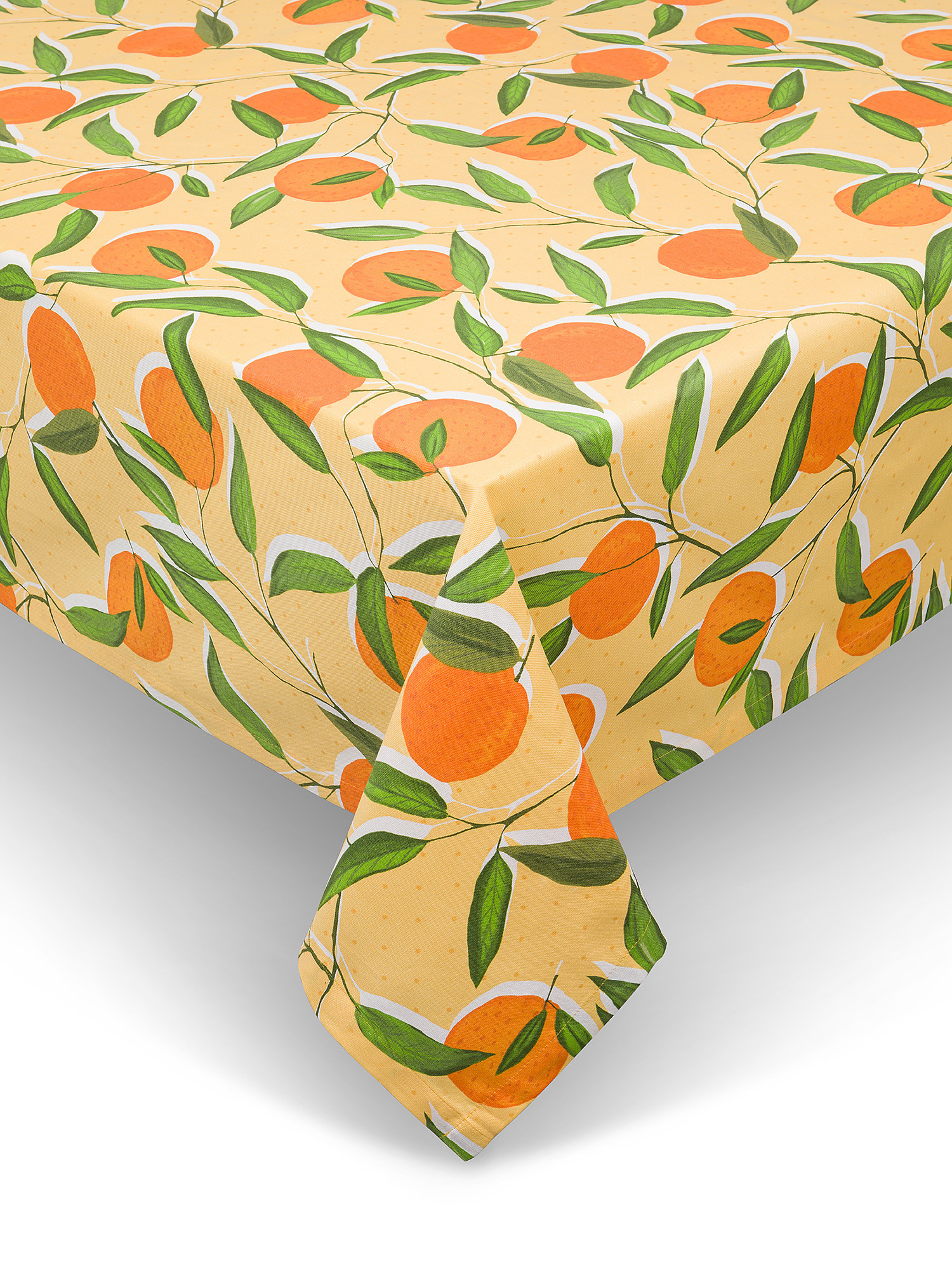 Panama cotton tablecloth with orange print, Yellow, large image number 0