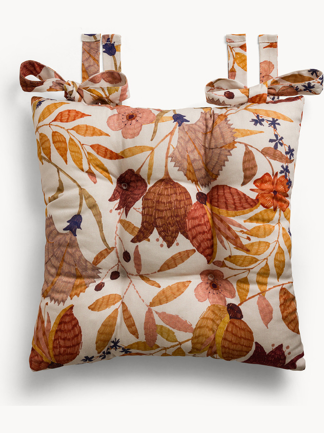 Pure cotton panama chair cushion with ties with foliage print