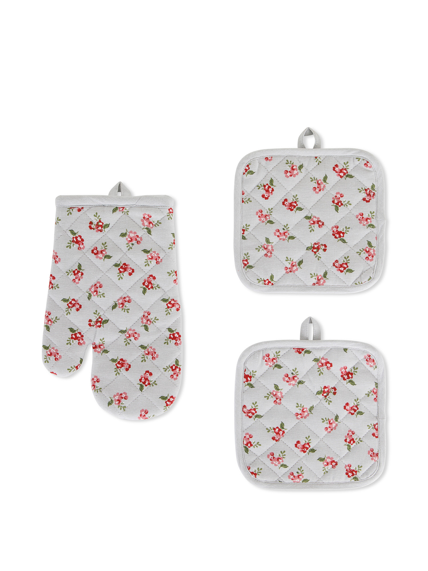 Set of 2 pot holders and flower patterned cotton kitchen giant, Pink, large image number 0