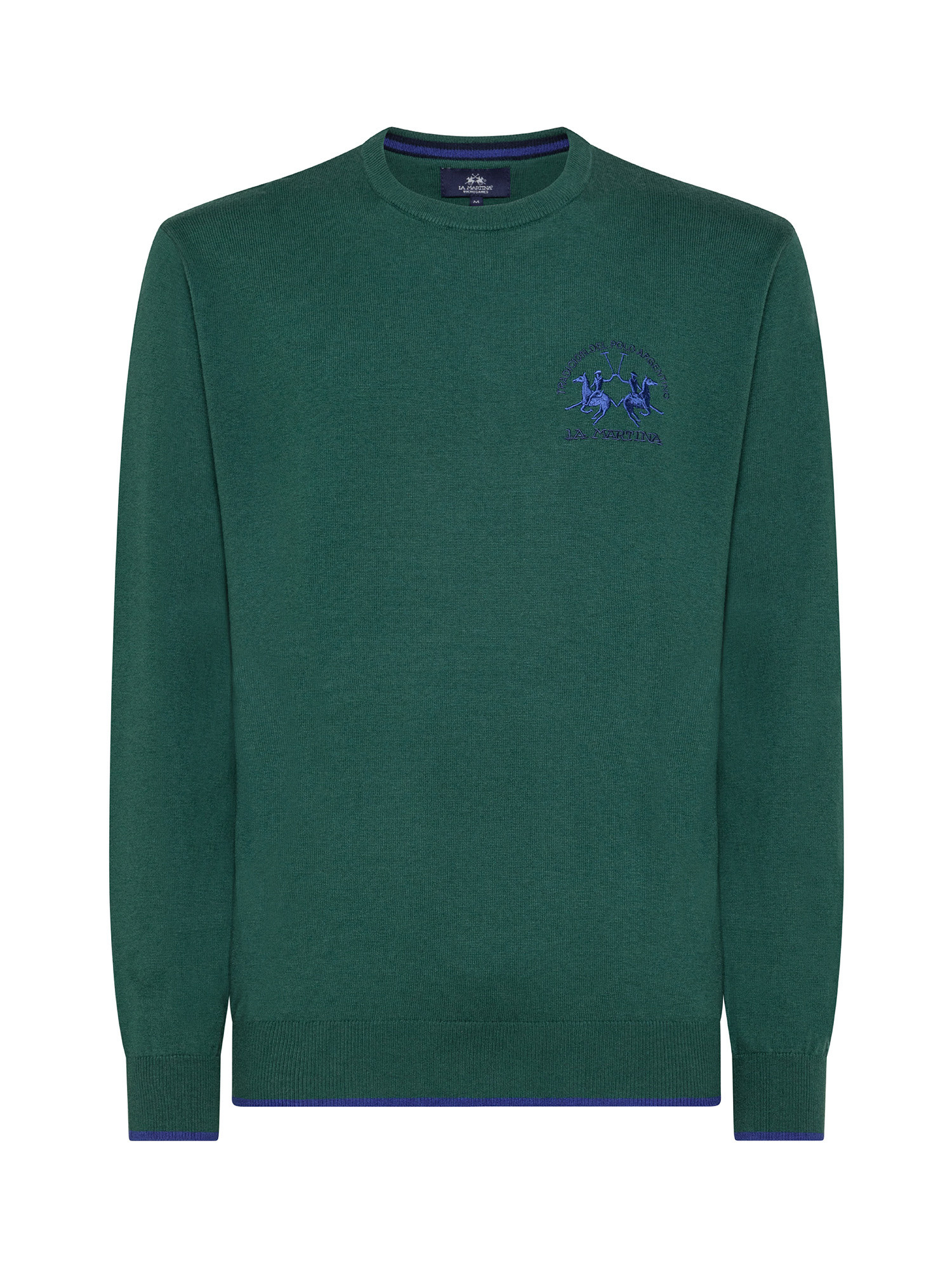 Round-neck sweater in mixed cotton wool with regular fit long sleeves, Dark Green, large image number 0