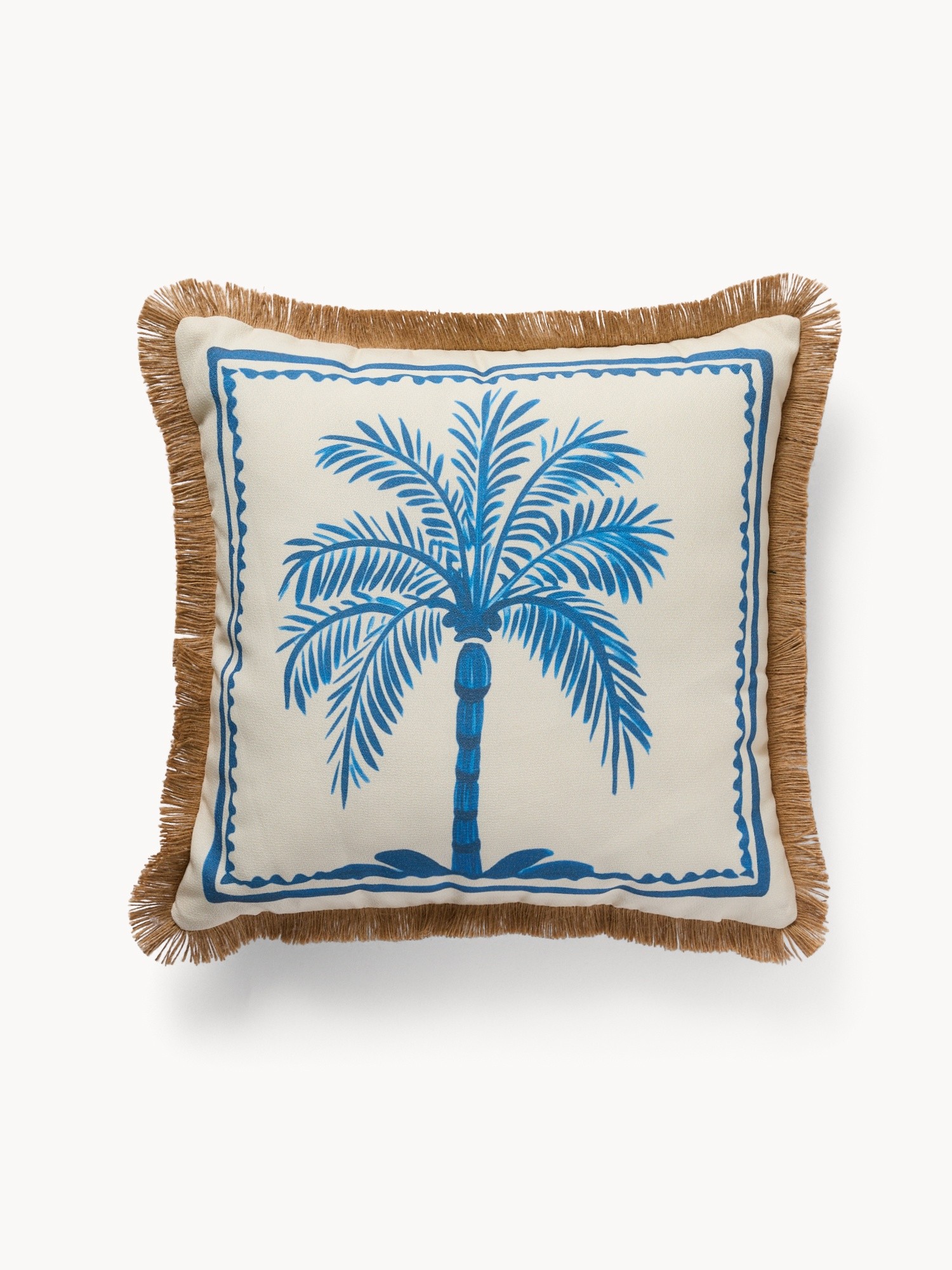 Cuscino con stampa palma e frangette in juta 45x45cm, Bianco/Azzurro, large image number 2