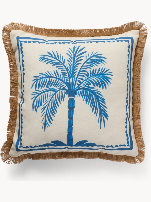 Cuscino con stampa palma e frangette in juta 45x45cm