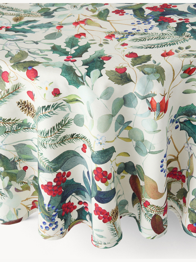 Round cotton panama tablecloth with berry print