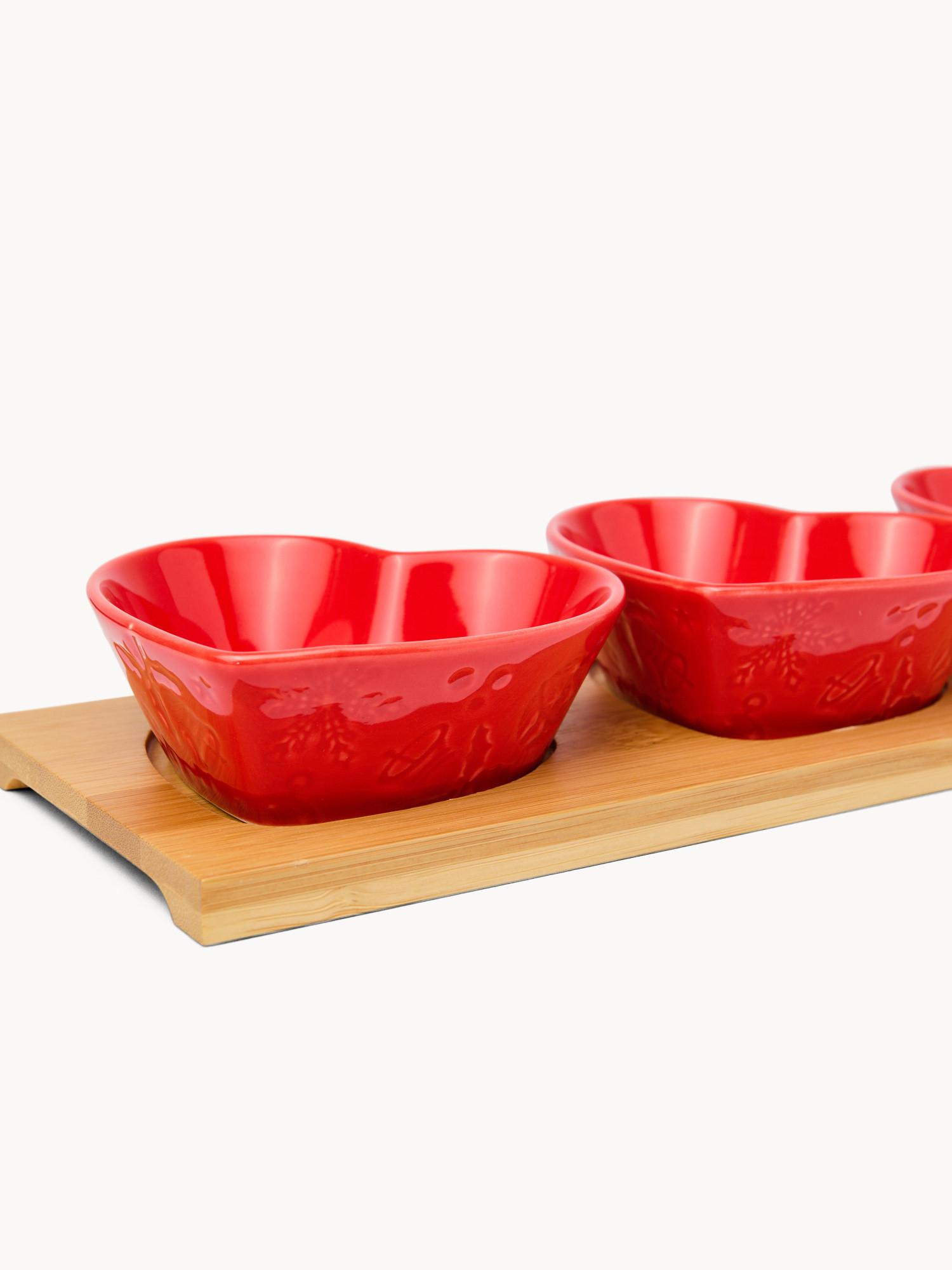 Antipastiera in legno di bamboo con 3 coppette a cuore, Rosso, large image number 1