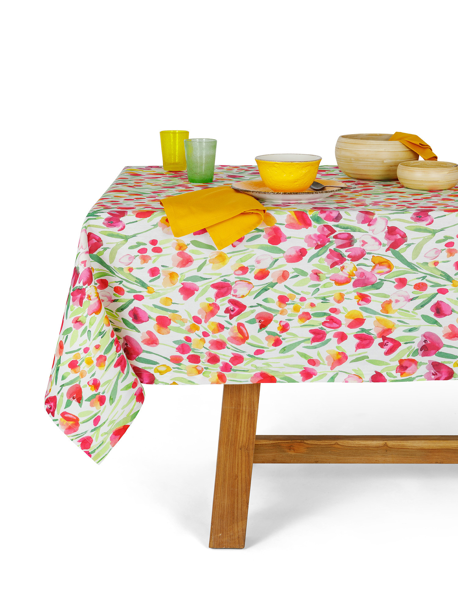 Water repellent cotton panama tablecloth with tulip print, Multicolor, large image number 0