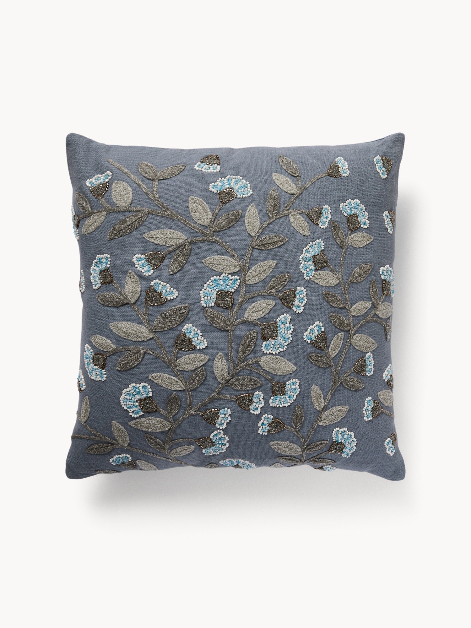 Beaded floral embroidery cushion,45x45cm, Blue, large image number 1