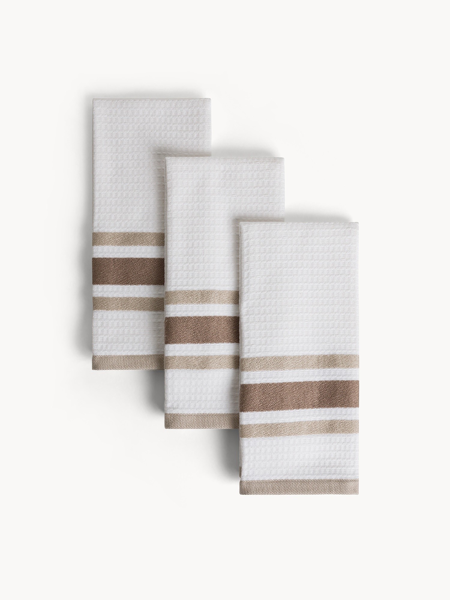Set of 3 Pure Cotton Yarn-Dyed Tea Towels with a Honeycomb Weave - Discounted Price, Beige, large image number 0