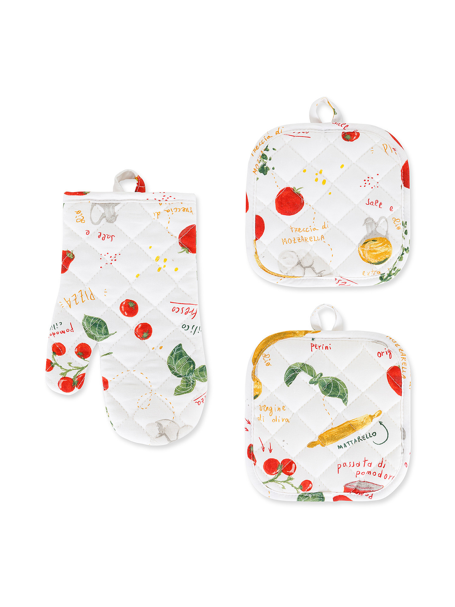 Set of 2 pot holders and kitchen mitt panama in cotton with pizza print, White, large image number 0