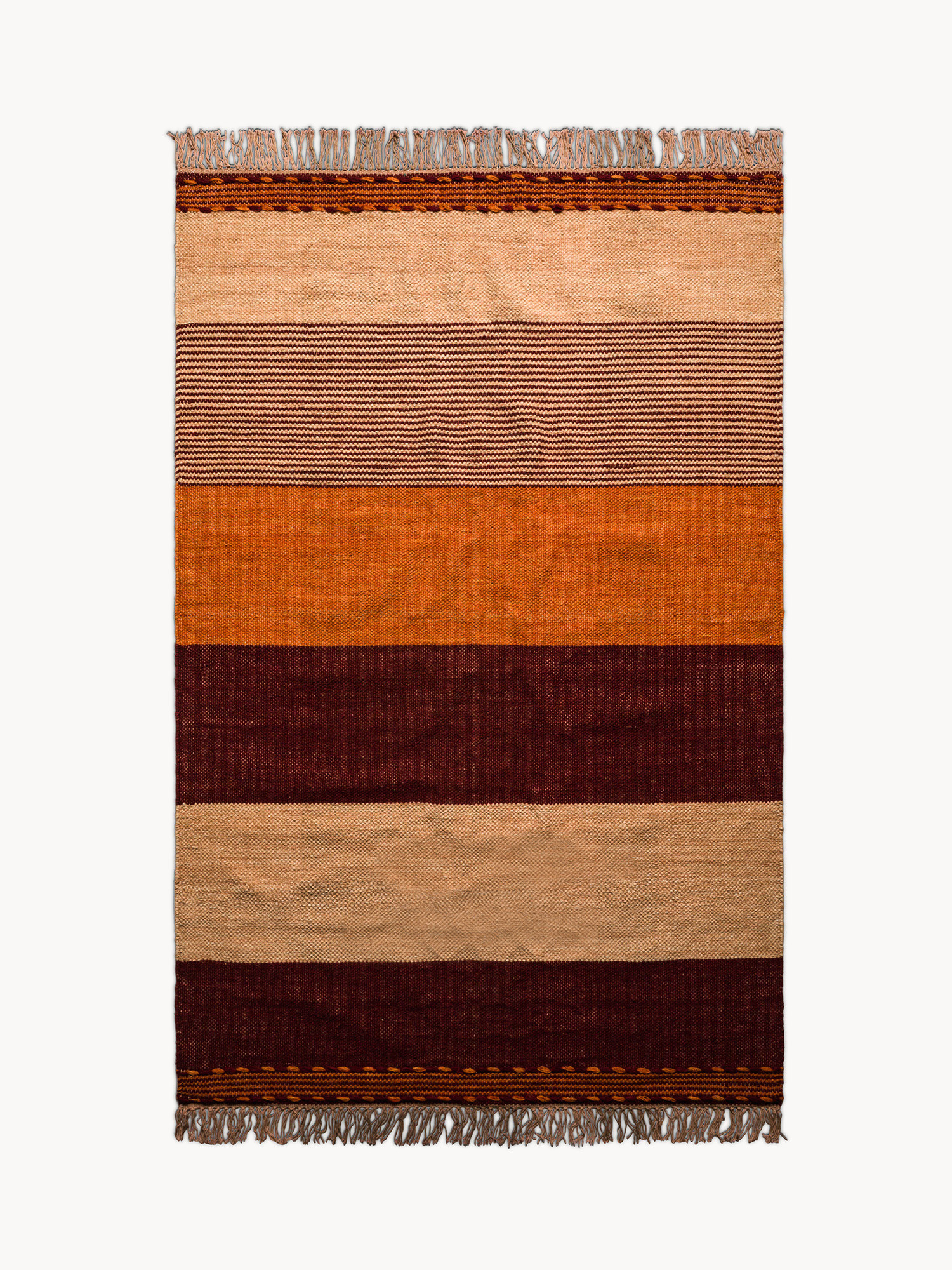 Tappeto in misto lana con fasce colorate e frange, Arancione, large image number 0