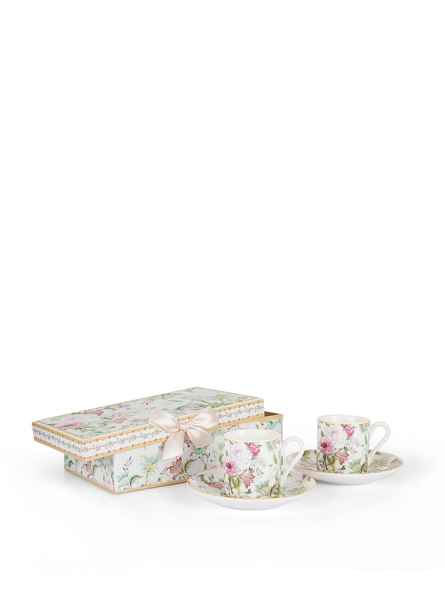 Set of 2 coffee cups in new bone china with flower motif, Multicolor, large image number 0