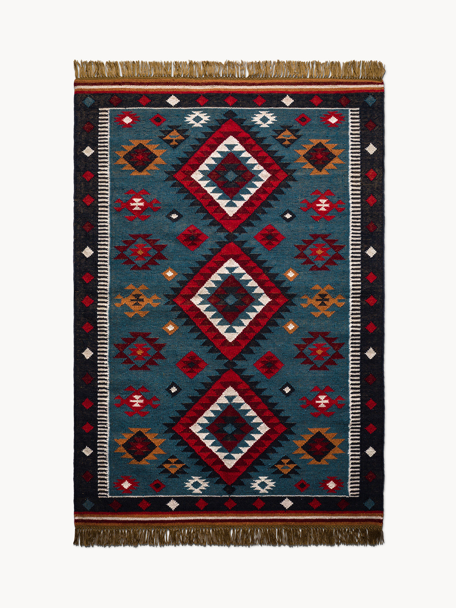 Navajo-style rug with geometric pattern and fringes, Multicolor, large image number 0