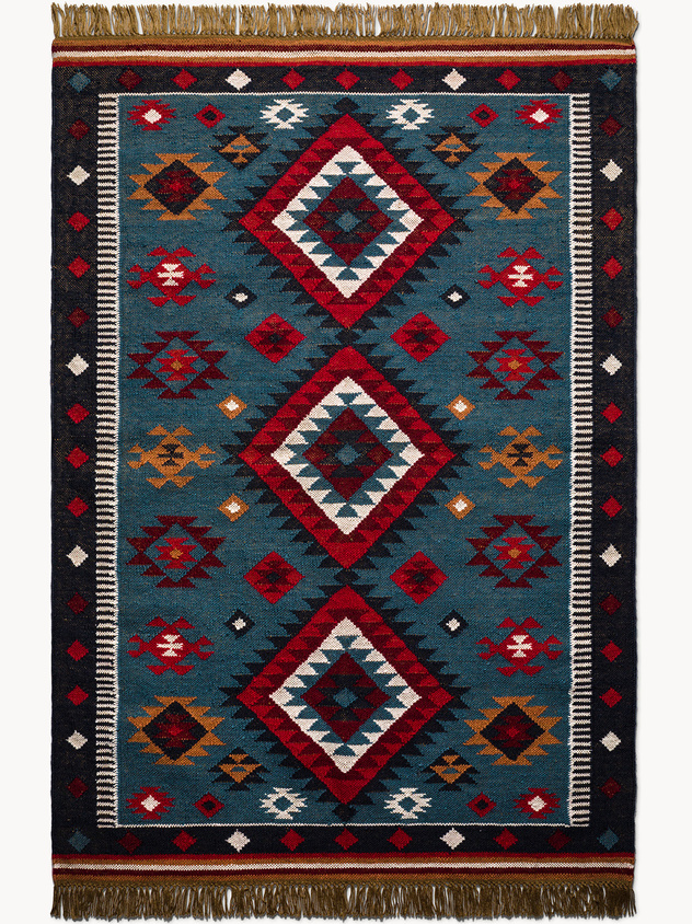 Tappeto stile Navajo con motivo geometrico e frange