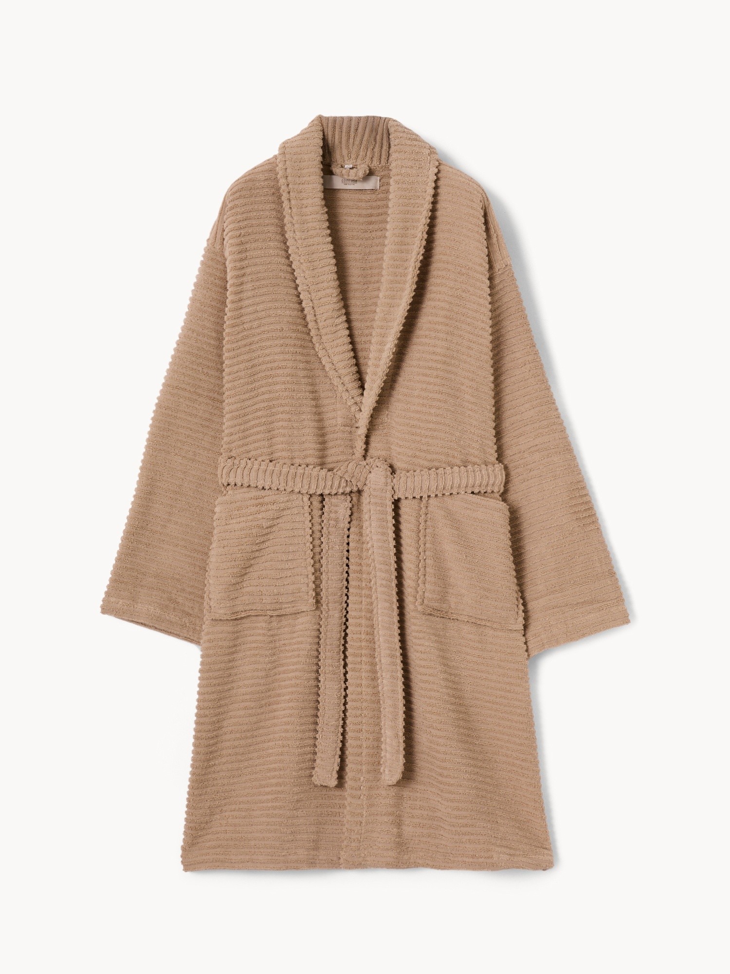Soft, zero-twist, pure cotton striped terry bathrobe - Discounted price, Dark Beige, large image number 0
