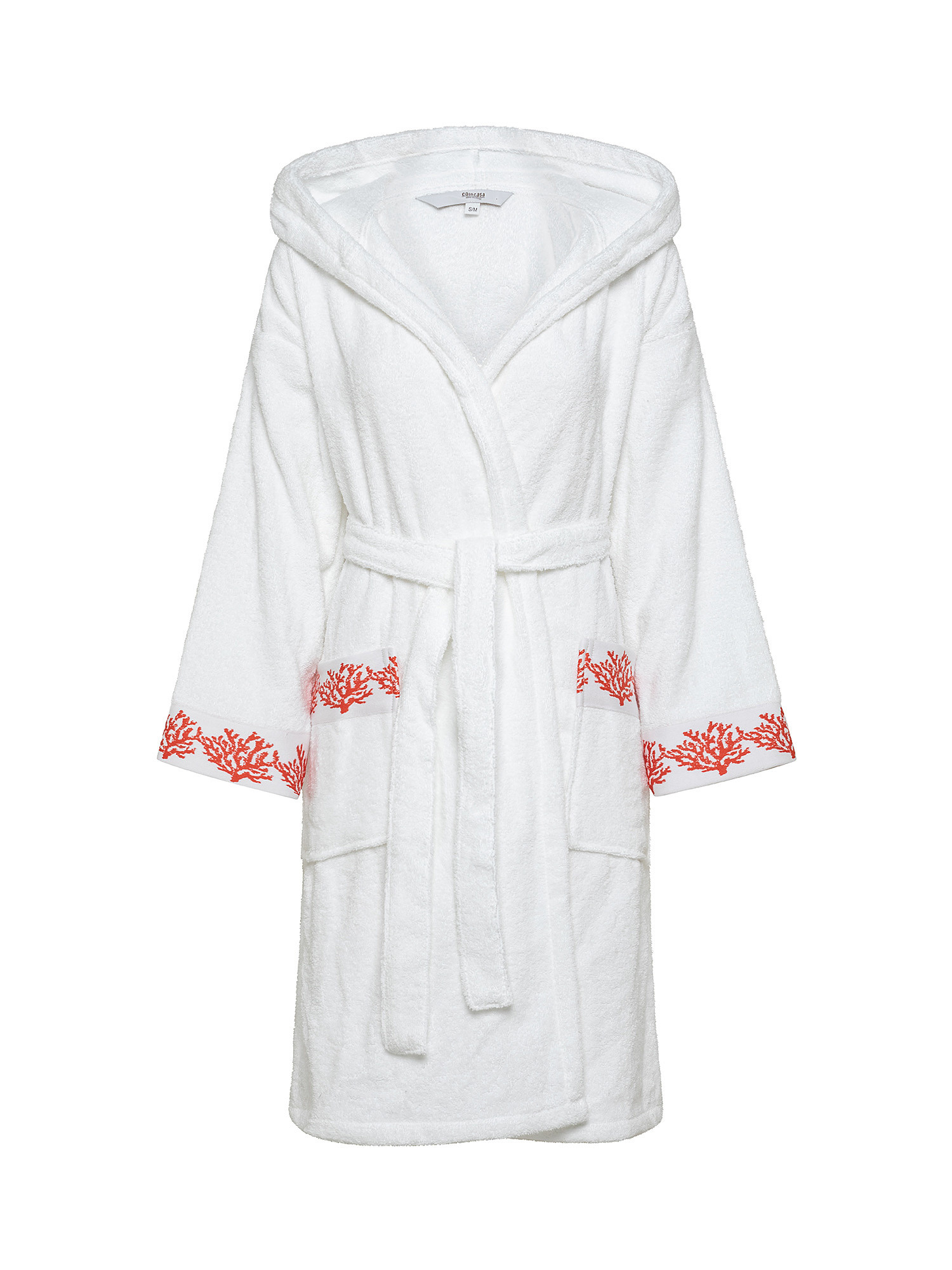 Terry cotton bathrobe with coral embroidery, White, large image number 0