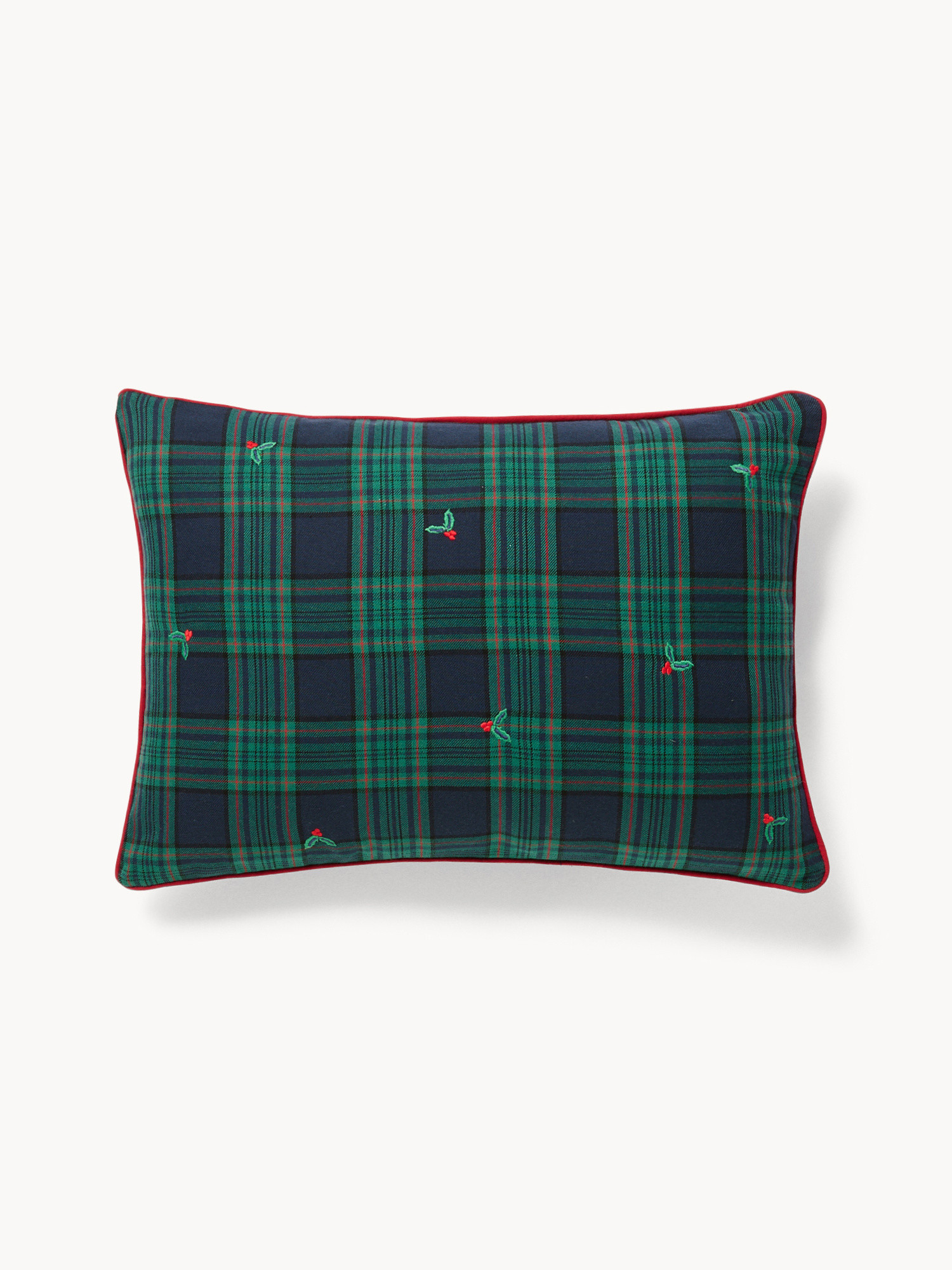 Cuscino 35x50 in cotone motivo tartan con ricami agrifoglio, Blu, large image number 0