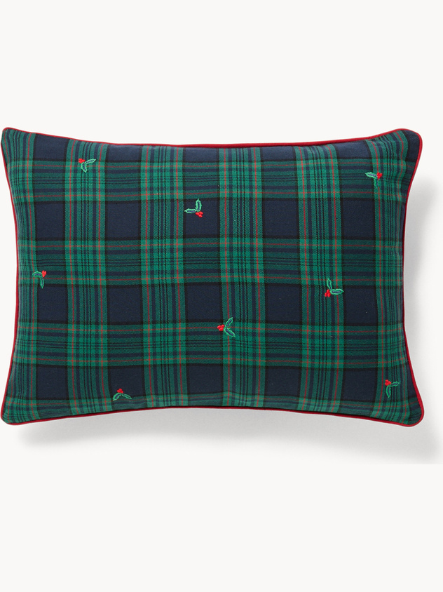 Cuscino 35x50 in cotone motivo tartan con ricami agrifoglio