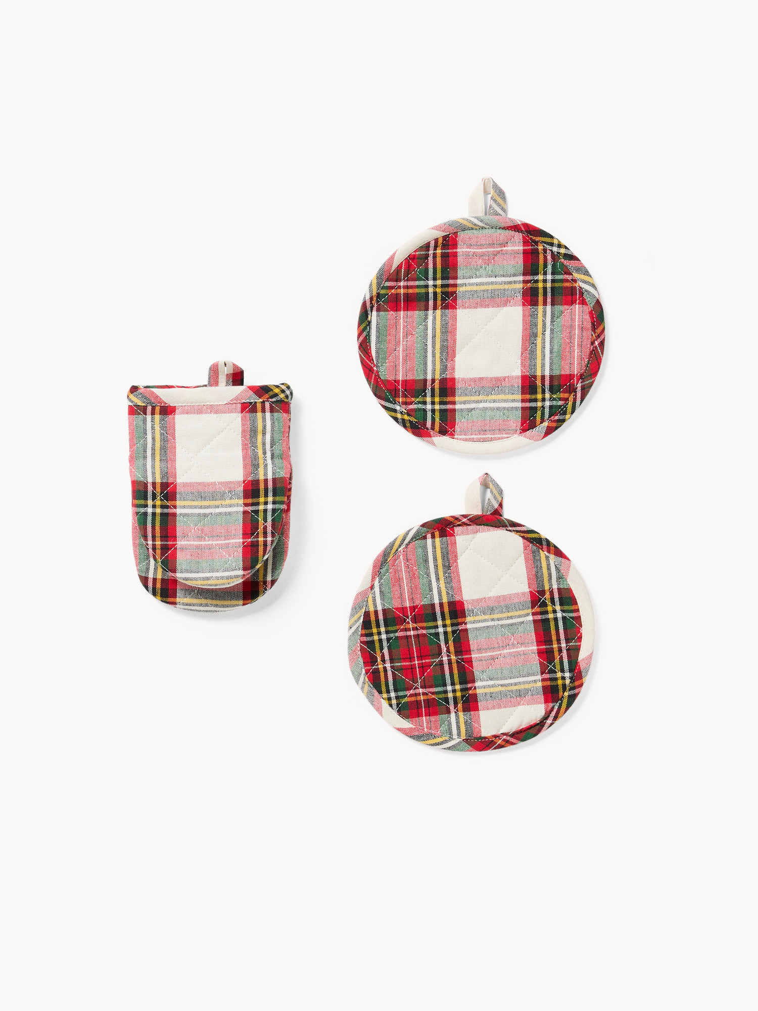 Set of oven mitts and two tartan pot holders, Multicolor, large image number 0