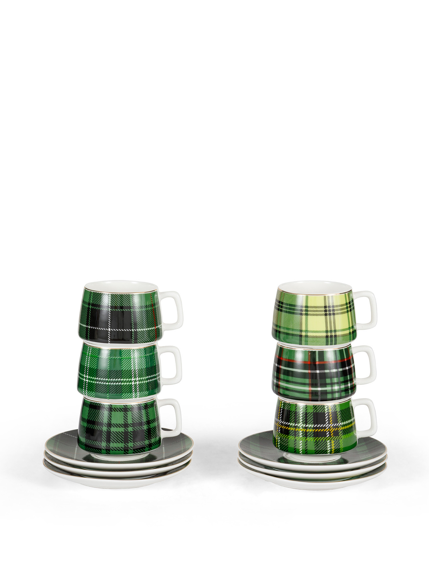 Pack of 6 coffee cups in new bone china tartan, Green, large image number 0