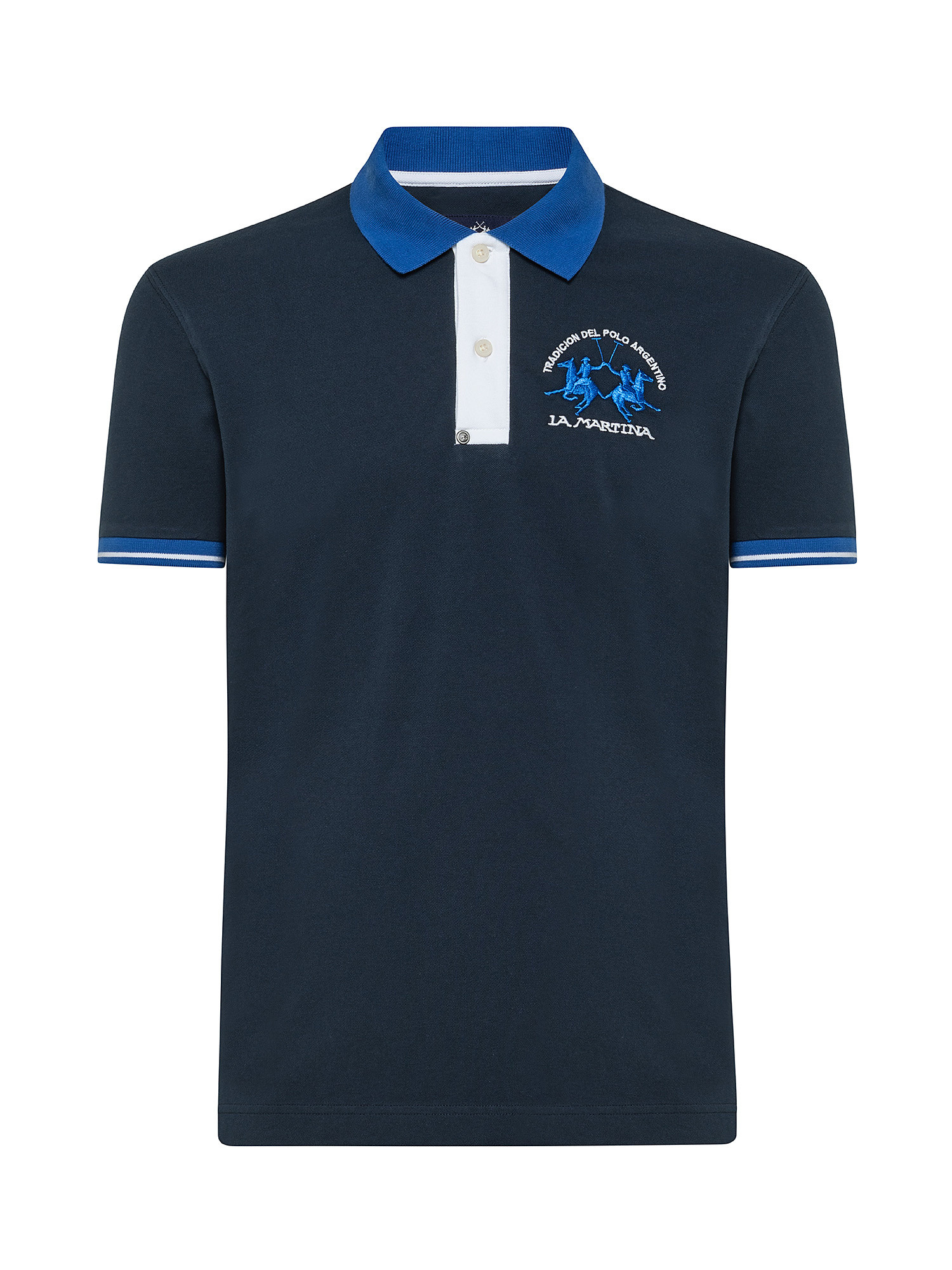 Men's short-sleeved slim-fit stretch cotton polo shirt, Blue, large image number 0