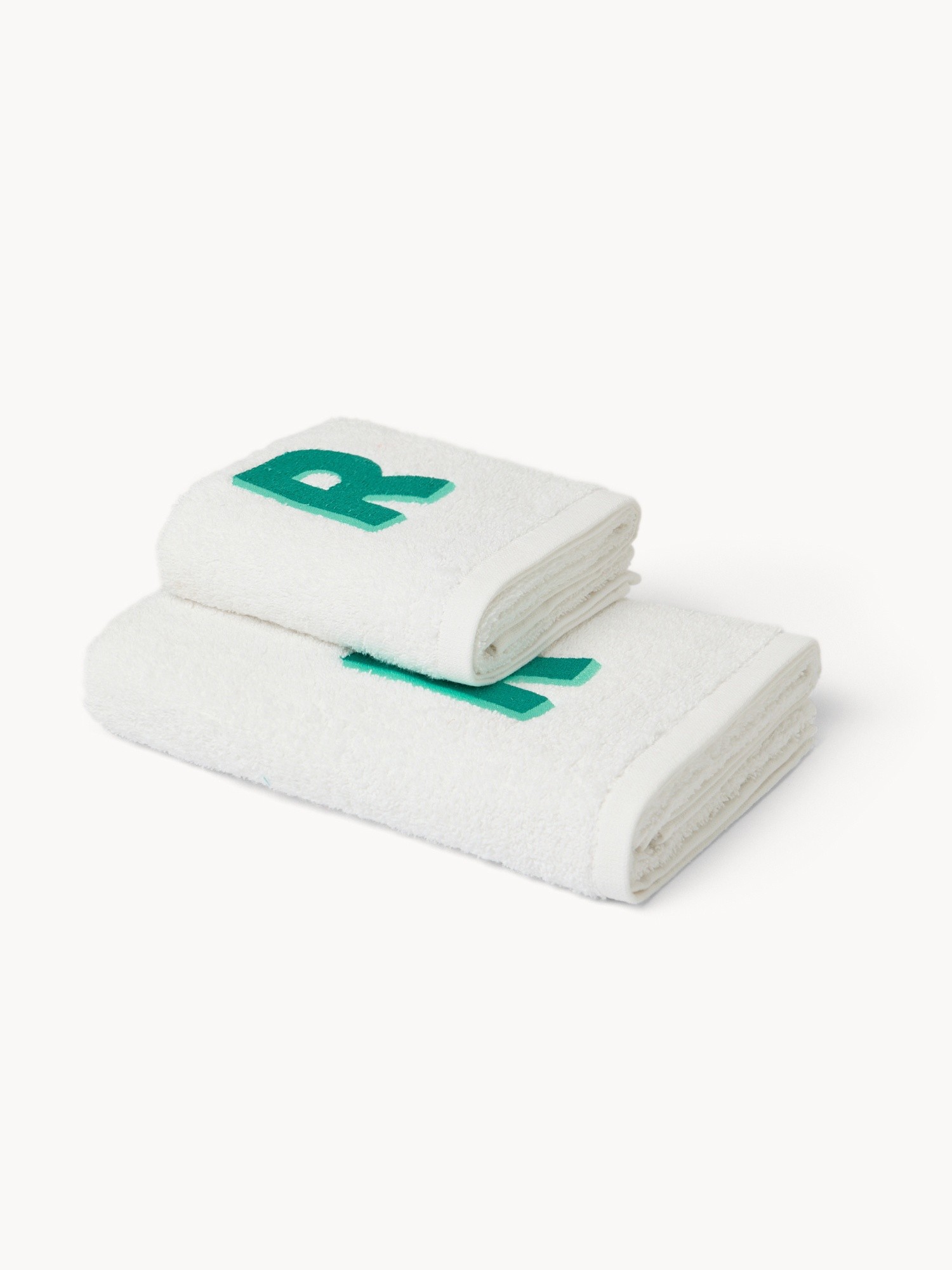 Set 2 asciugamani in spugna di cotone ricamo lettera R, Bianco, large image number 0