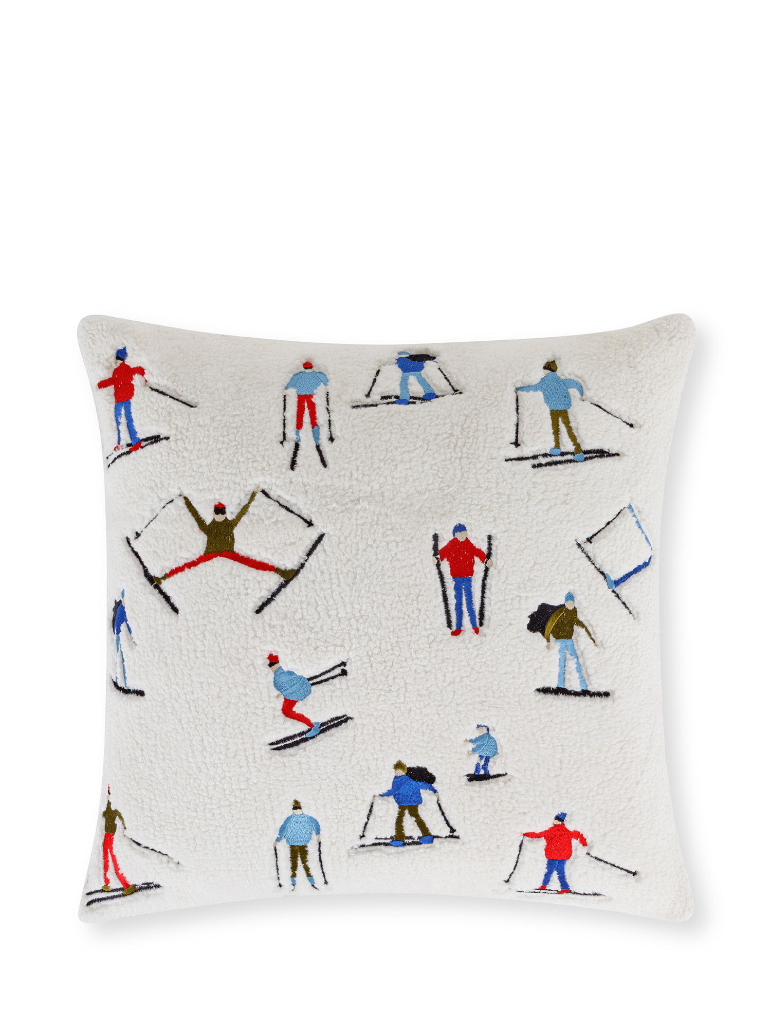 Cushion in faux fur with relief embroidery skiers 45x45 cm, White, large image number 0
