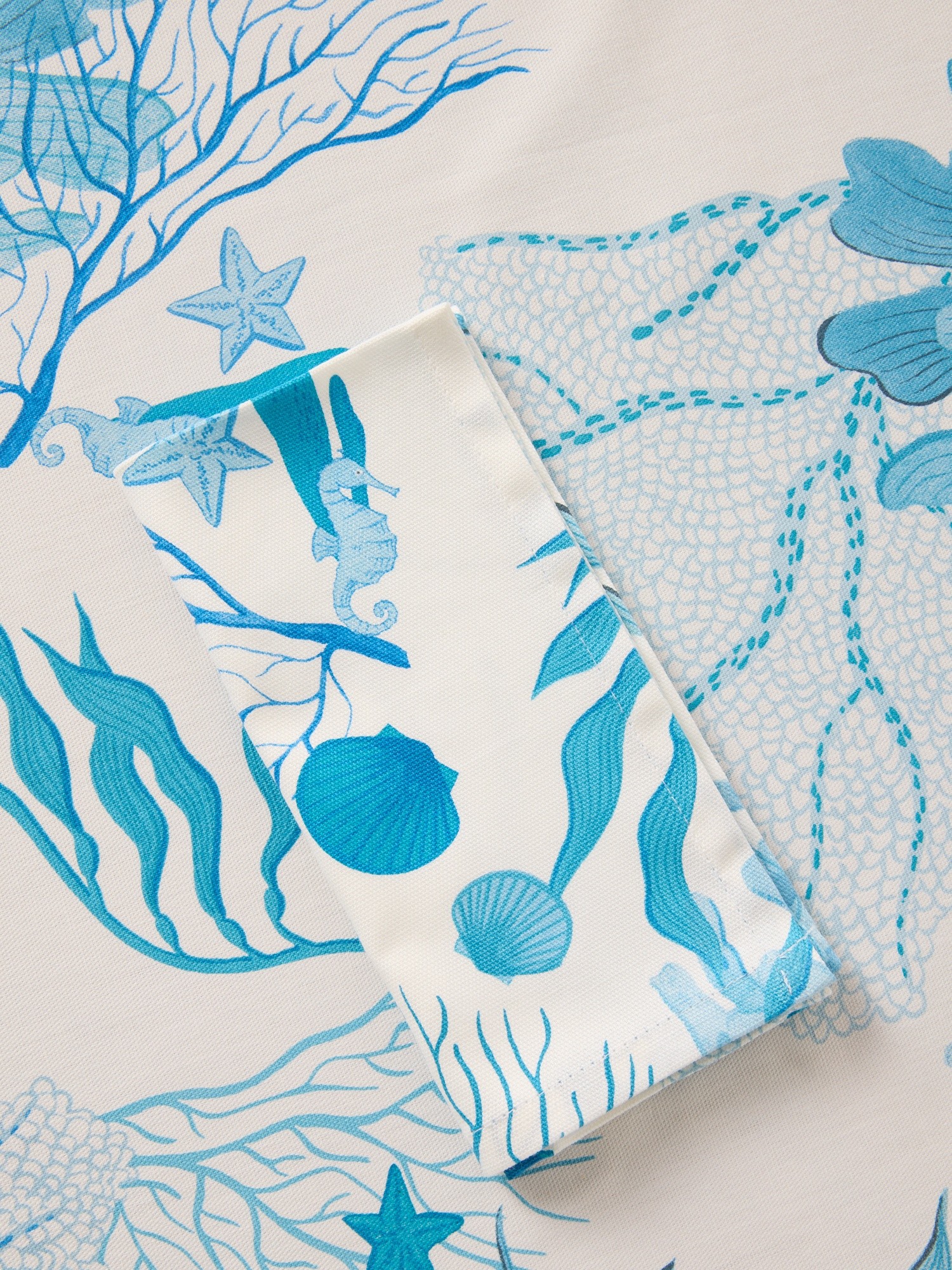 Round Panama Cotton Tablecloth with Marine Print - Introductory Price, White / Blue, large image number 1