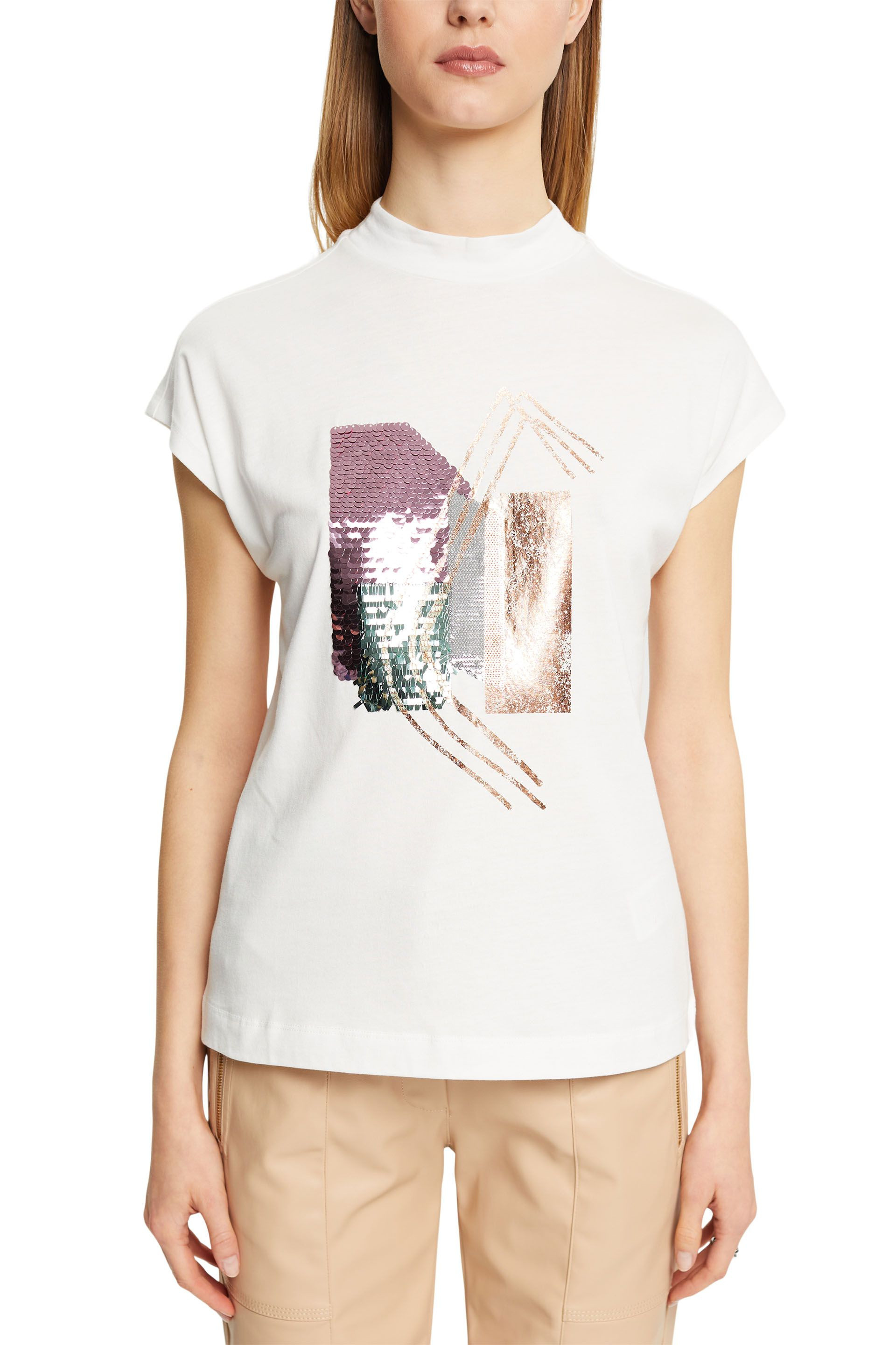 Esprit - T-shirt con paillettes, Bianco, large image number 1