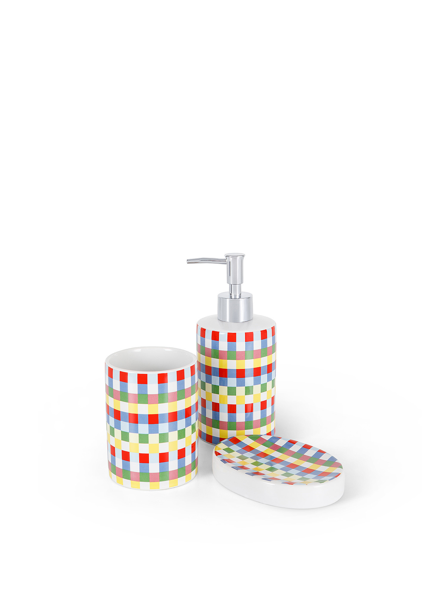Set of 3 ceramic bathroom accessories with check motif, Multicolor, large image number 0
