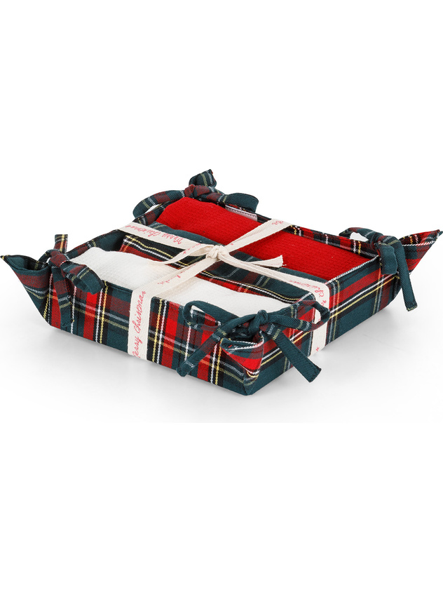 Basket and 3 tea towels set in tartan and solid color cotton twill