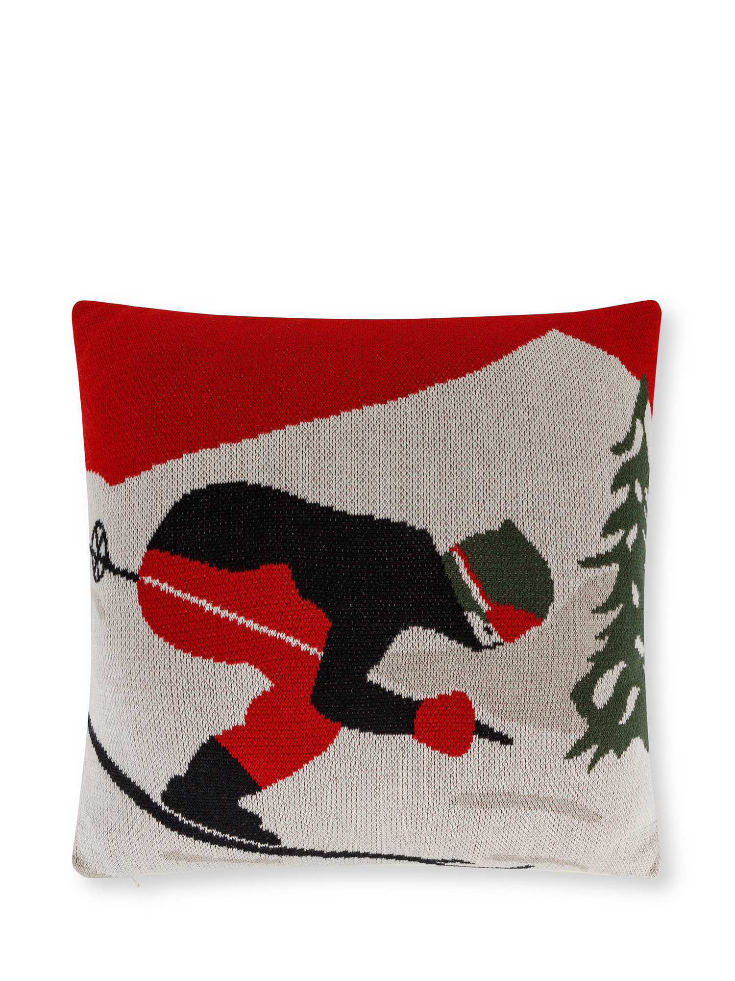 Jacquard knitted cushion with vintage skier motif 45x45 cm, Red, large image number 0