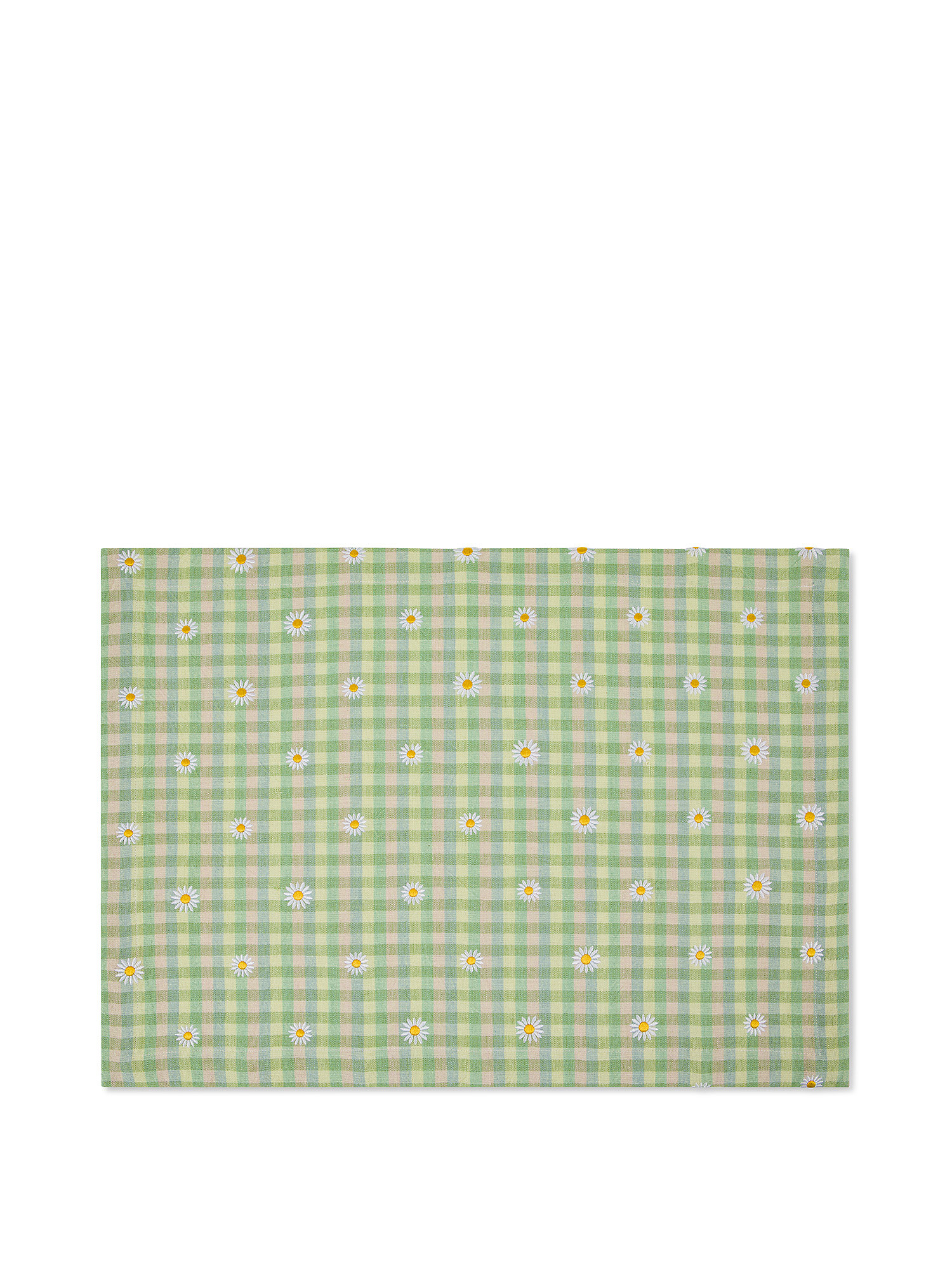 100% cotton mat with gingham motif and daisies embroidery, Green, large image number 0