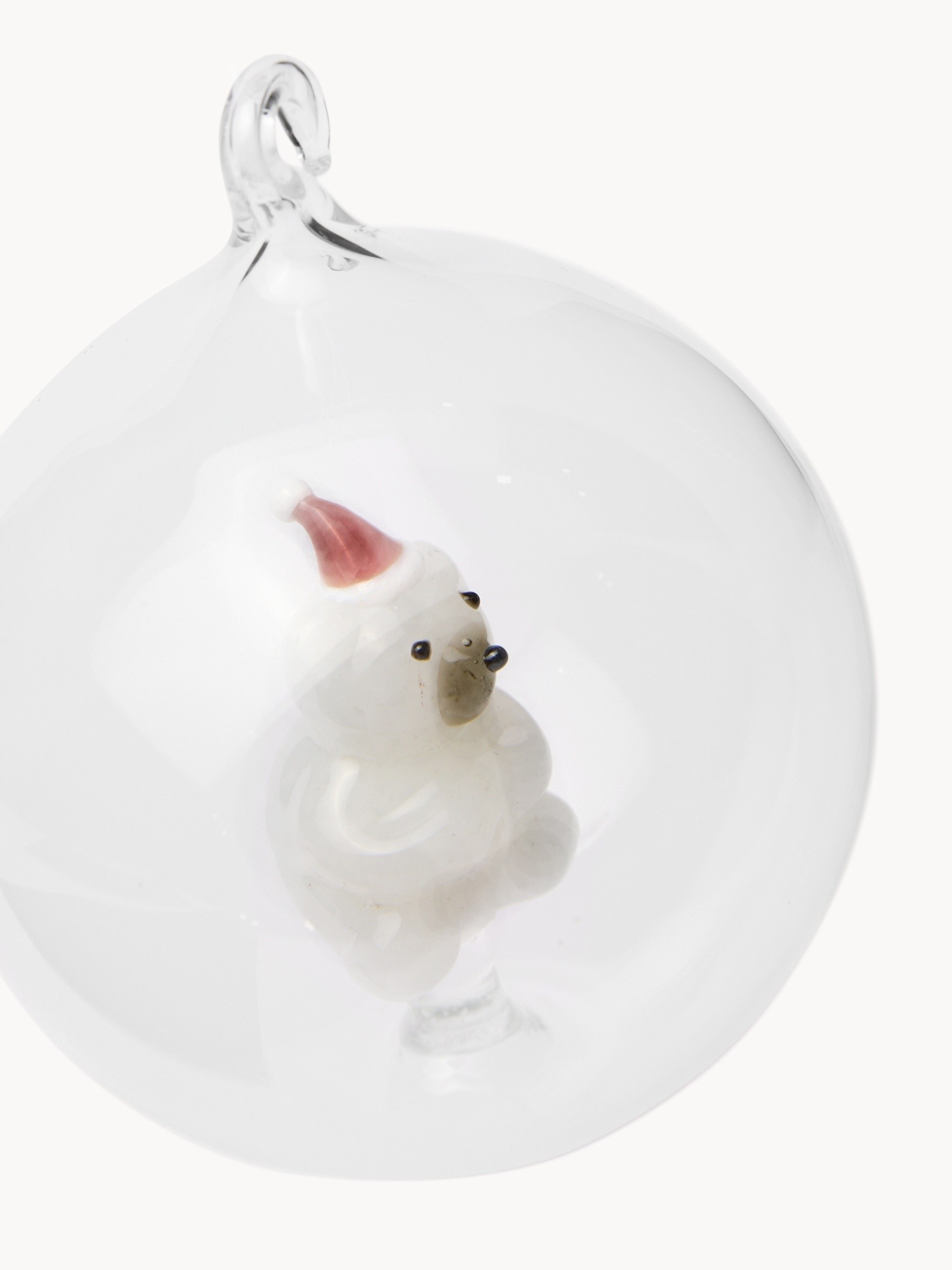 Borosilicate glass bauble with hand-painted bear detail, White, large image number 1