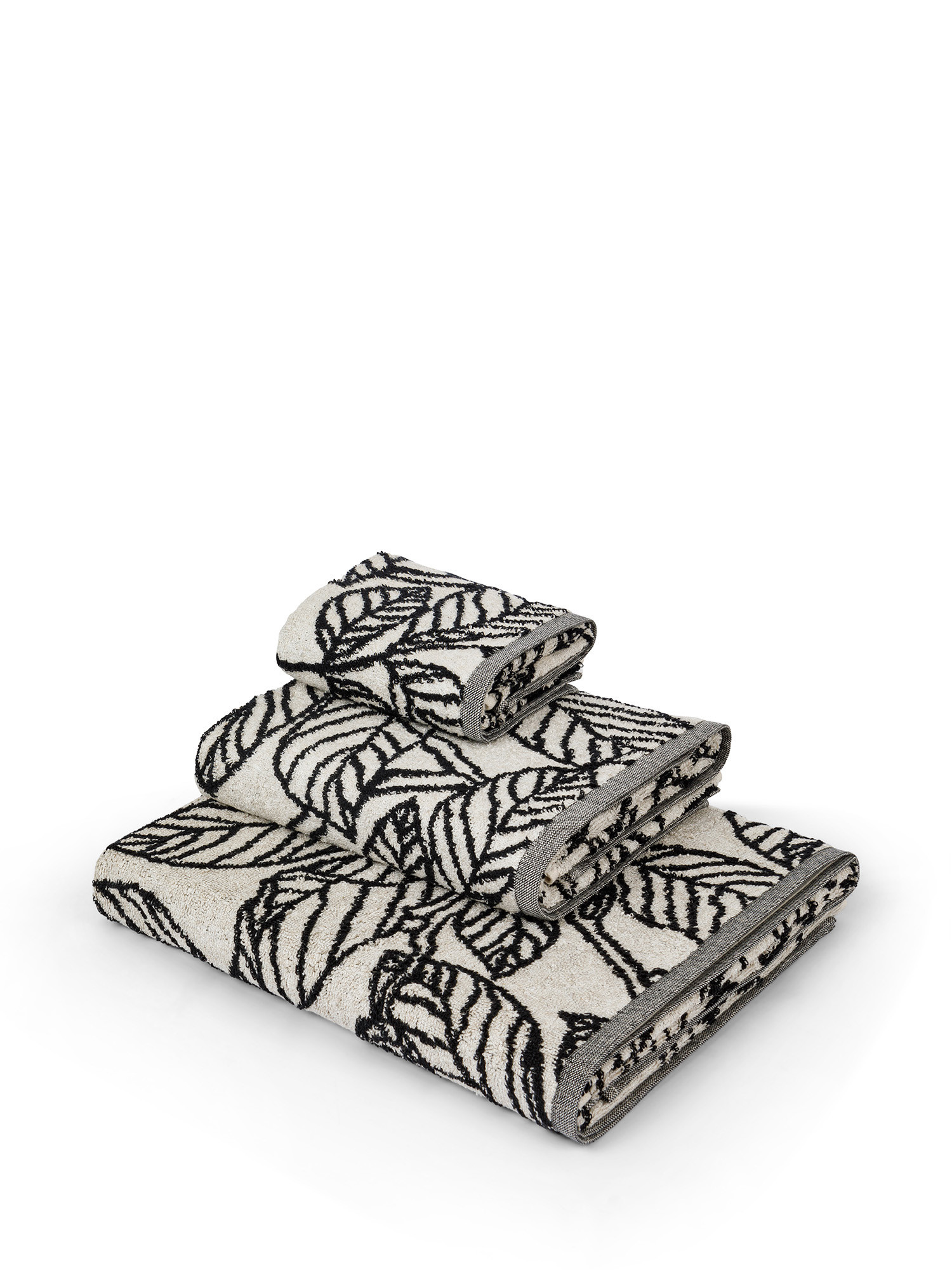 Asciugamano misto lino e cotone motivo foliage, Nero, large image number 0