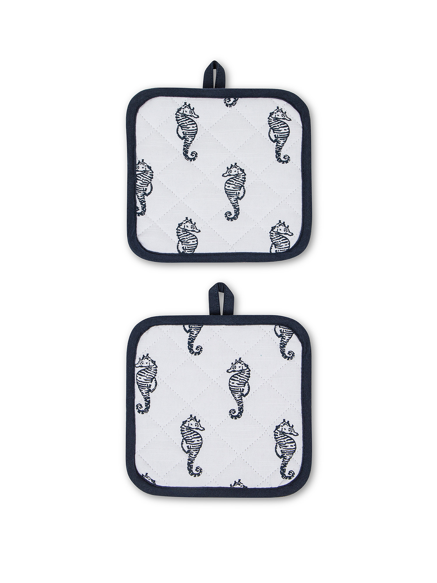 Set of 2 pot holders with seahorses in slub cotton., White / Blue, large image number 0
