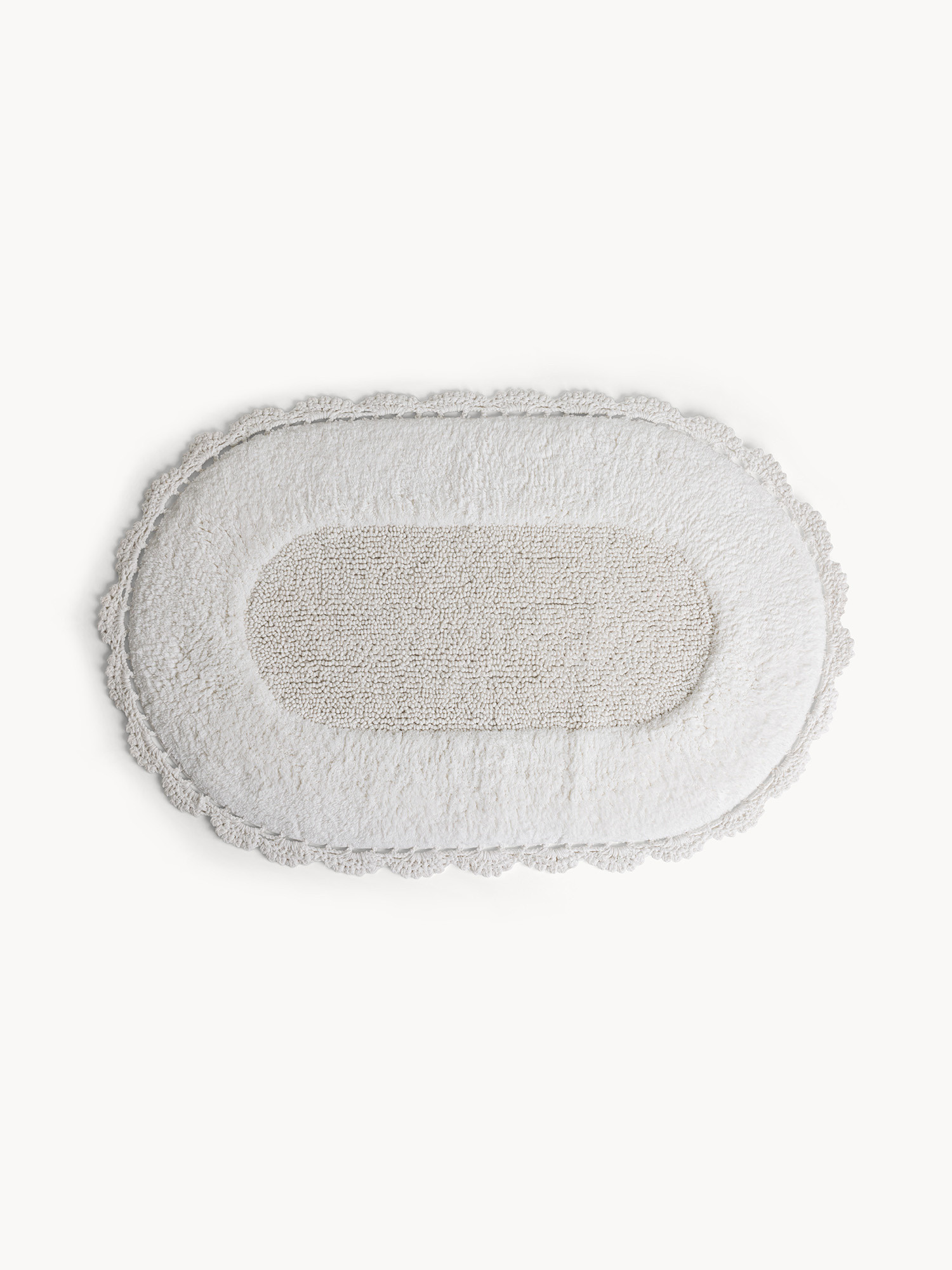 Oval bath mat with crochet applications, White, large image number 0