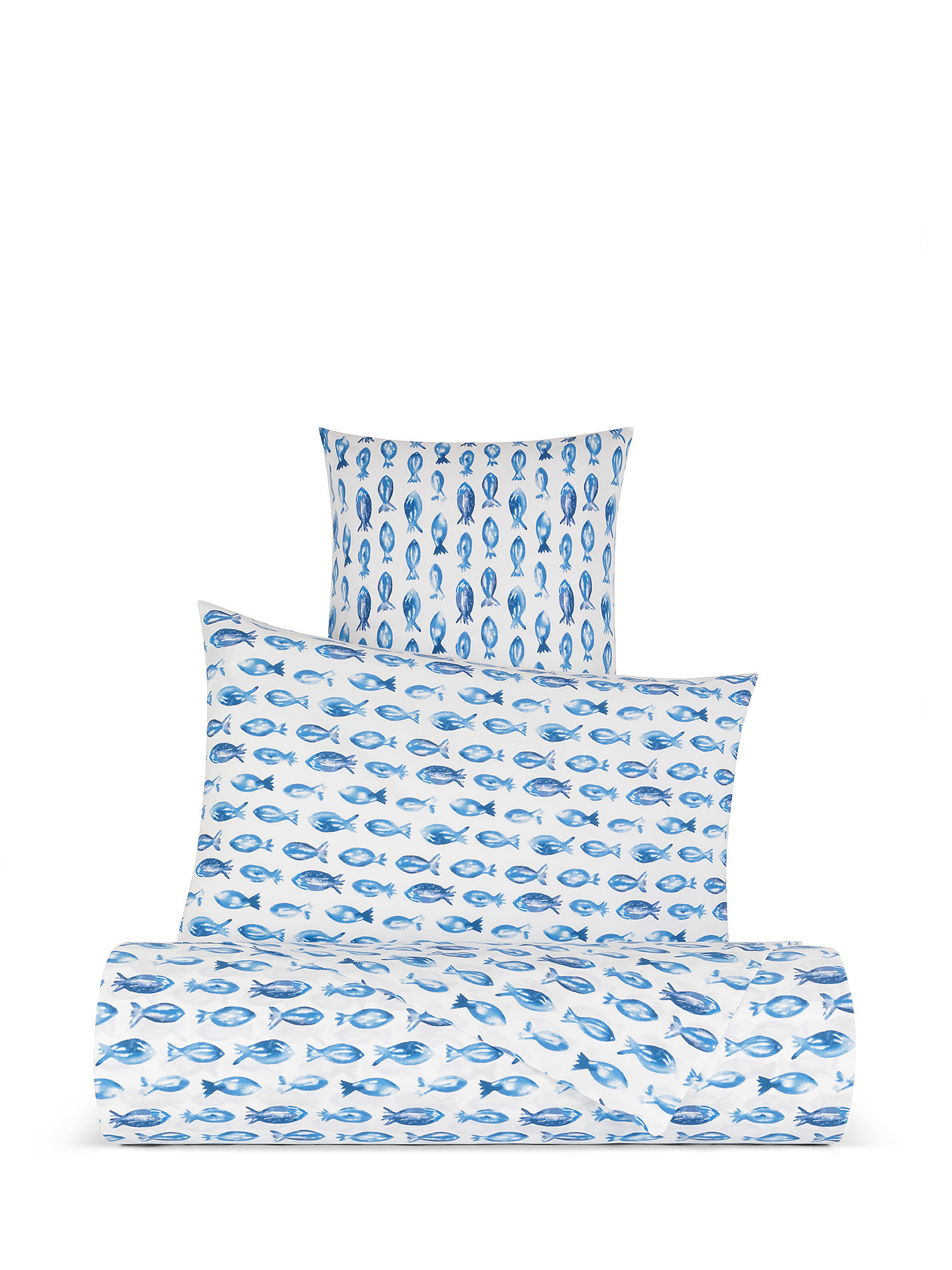 Duvet cover set in cotton percale with fish pattern, White, large image number 0
