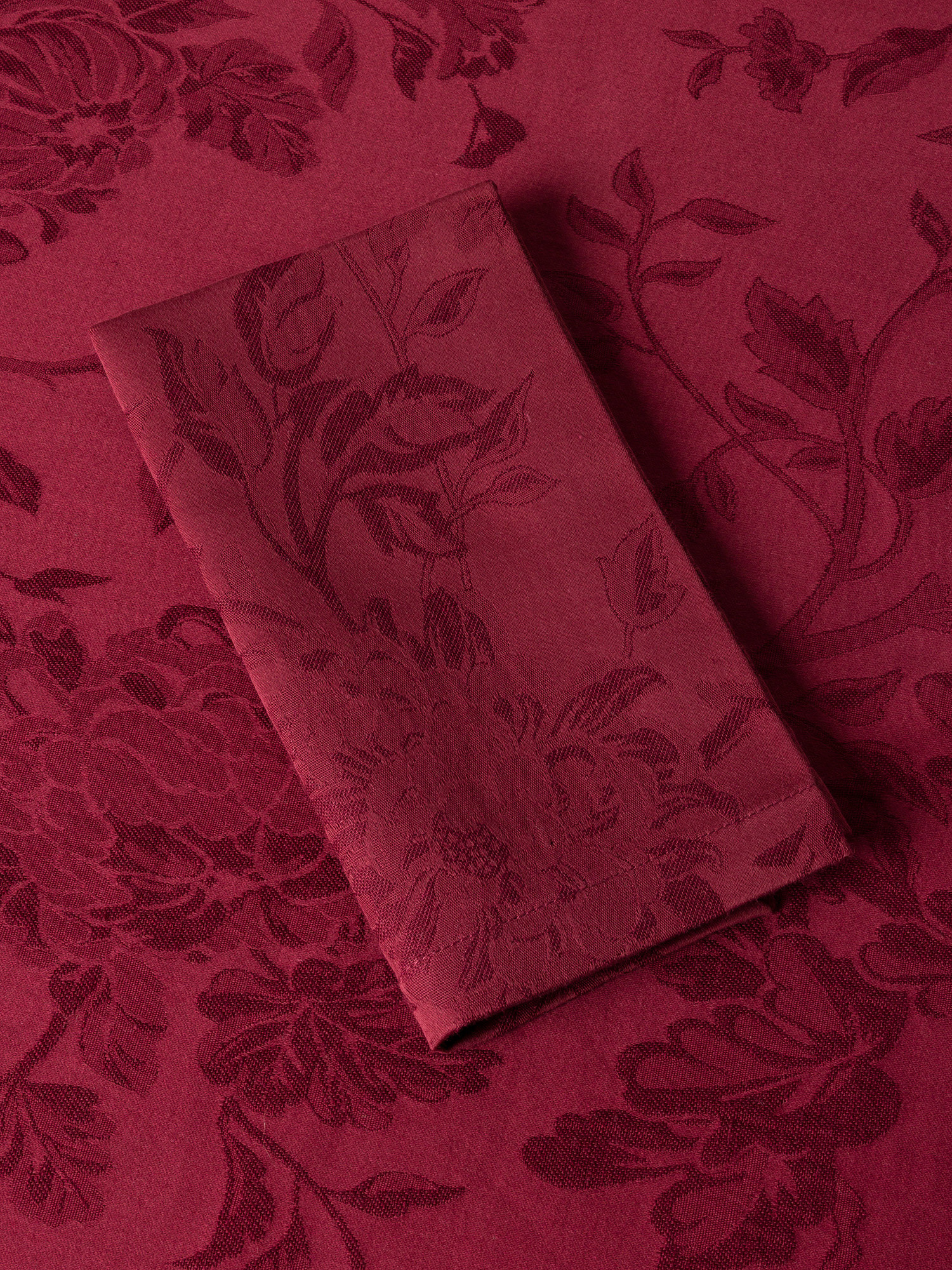 Tovaglia in cotone e lino jacquard motivo floreale, Rosso bordeaux, large image number 1