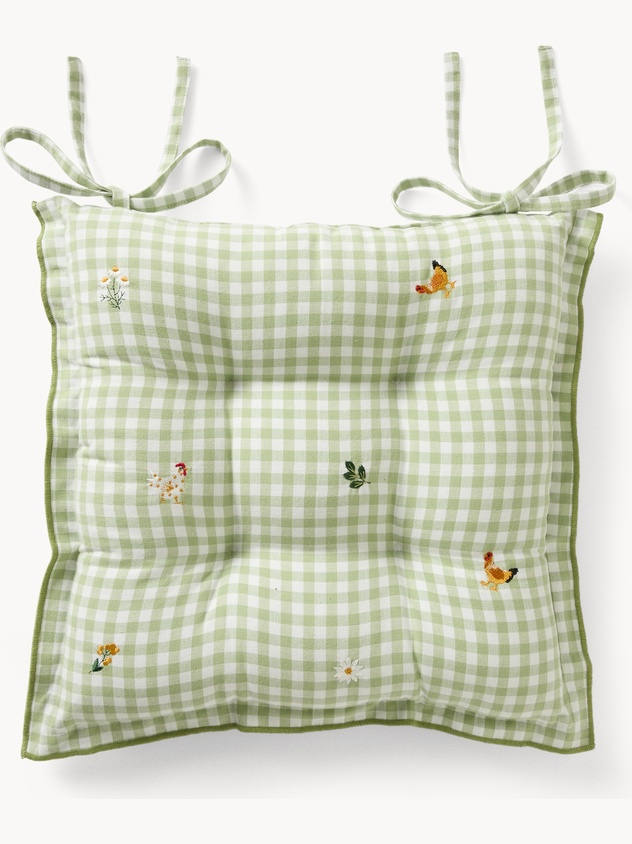 Embroidered cotton gingham chair cushion