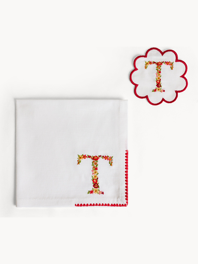 Napkin and coaster set with embroidered letter T
