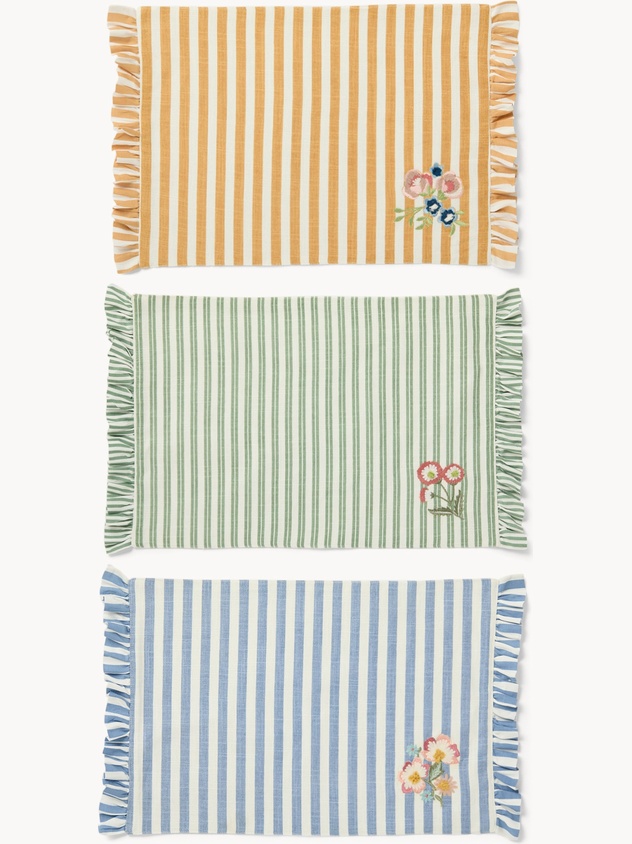 Tovaglietta in puro cotone tinto filo con ricamo floreale e volant - Prezzo di lancio