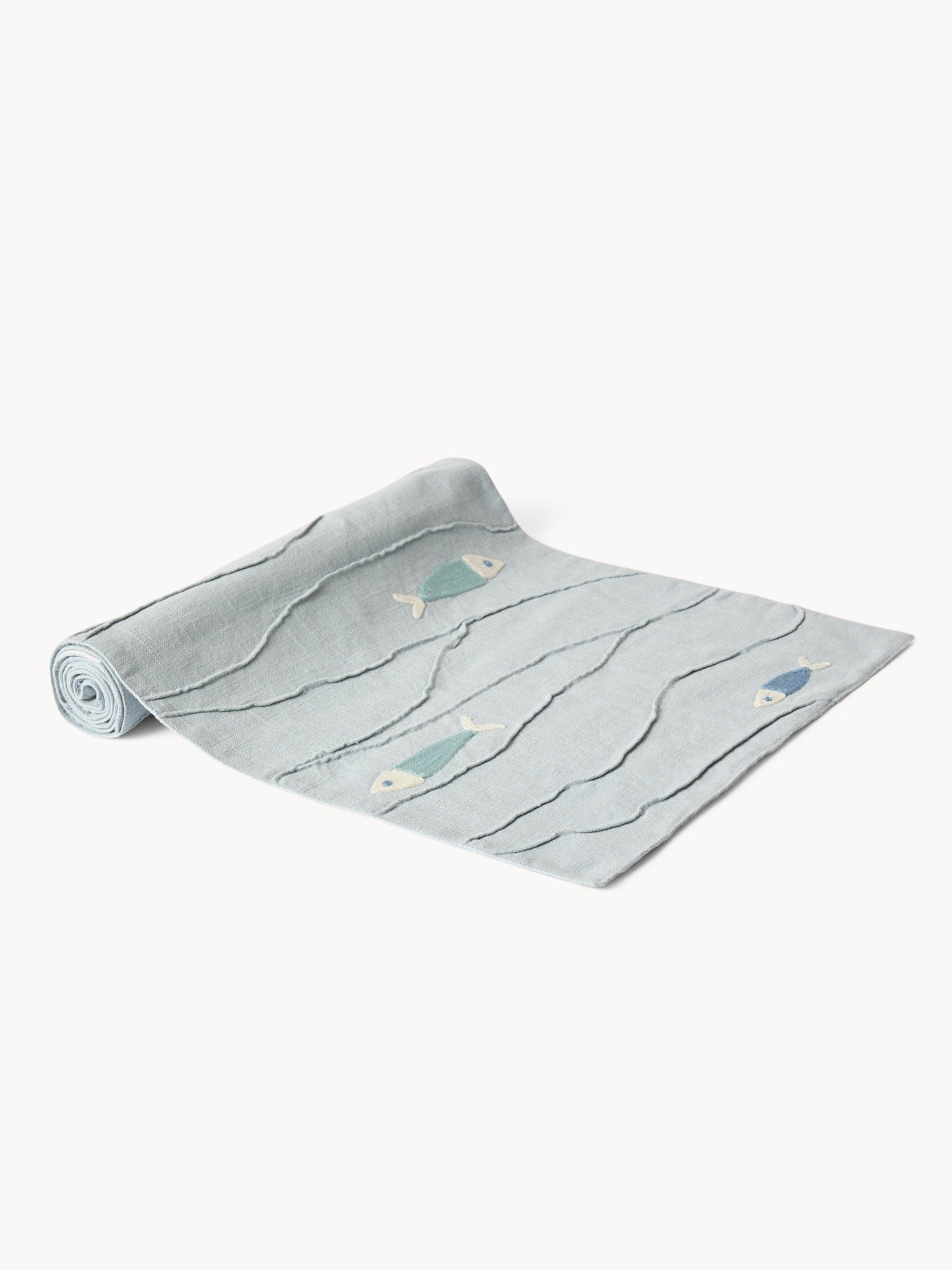 Runner in cotone con ricami pesciolini, Azzurro, large image number 1