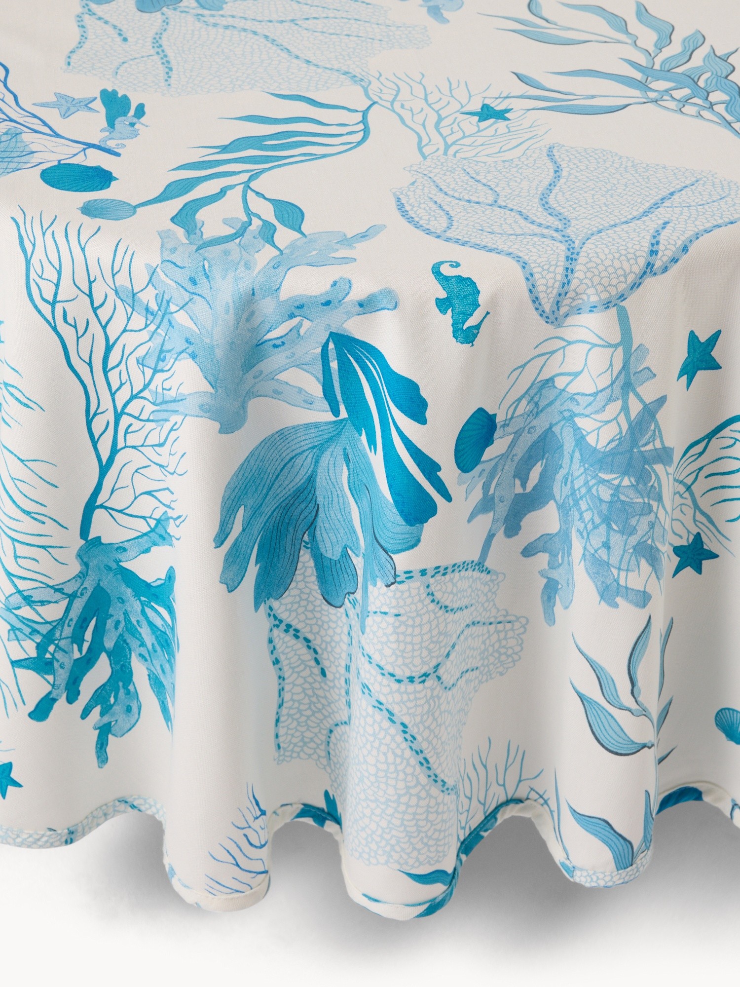 Round Panama Cotton Tablecloth with Marine Print - Introductory Price, White / Blue, large image number 0