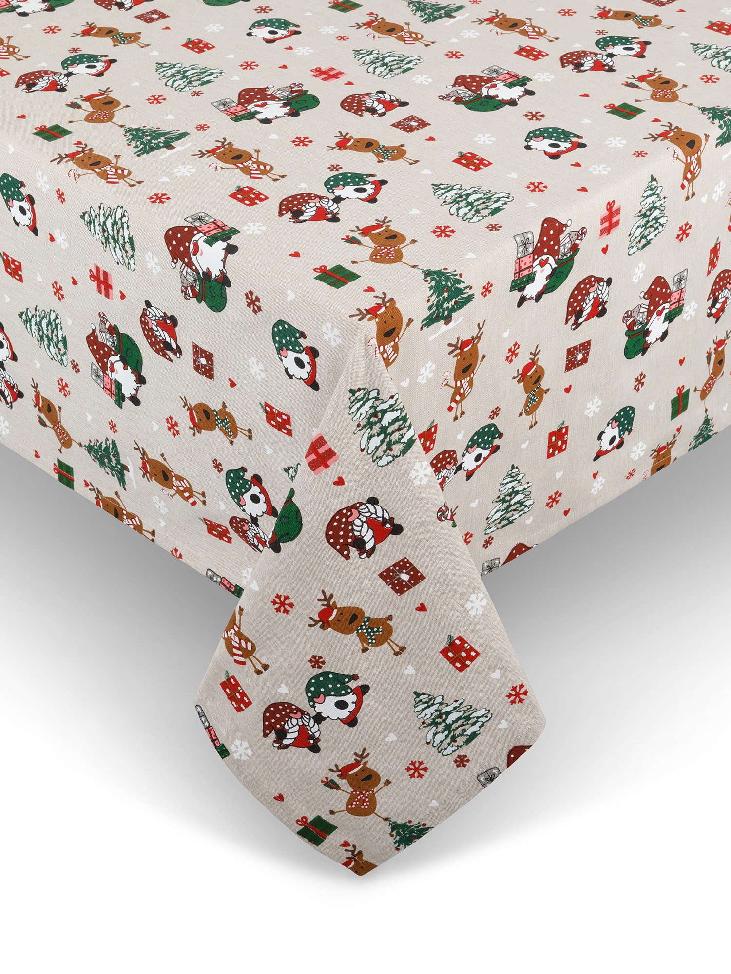 Tovaglia idrorepellente panama di cotone stampa natalizia, Beige, large