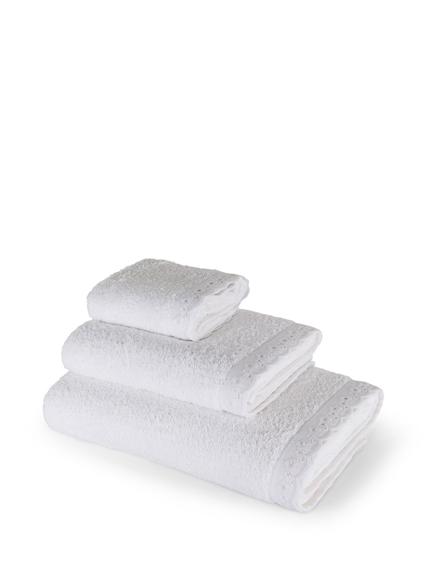 Asciugamano spugna di cotone bordo sangallo, Bianco, large image number 0