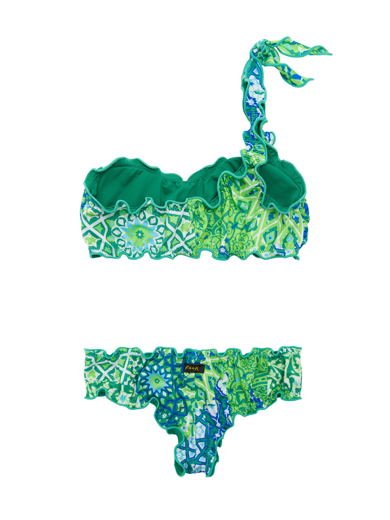 F**K - Bikini a fascia monospalla e slip con stampa, Verde, large image number 1
