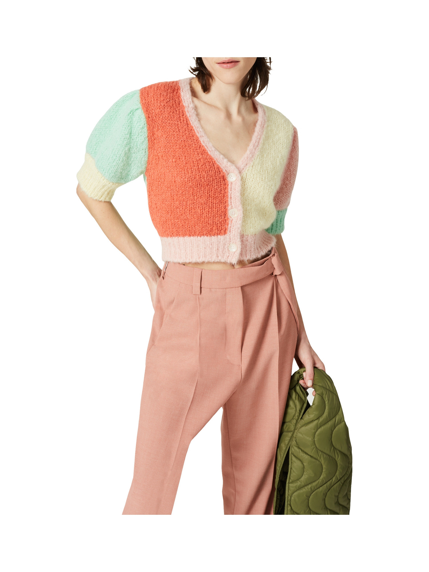 Multicolor pied de poule trousers in polyester-viscose blend with wide leg, Pink, large image number 3