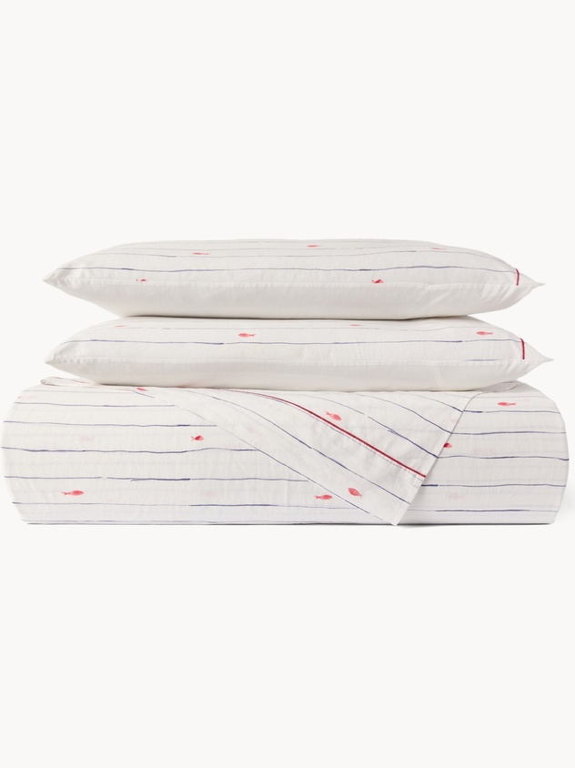 Federa in cotone lavato fantasia a righe e pesci